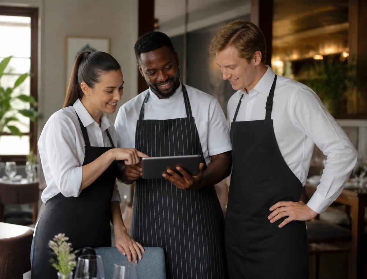Équipe de restaurant consultant la carte digitale sur une tablette
