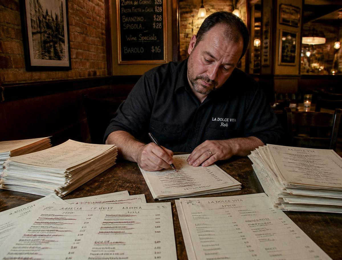 Restaurateur corrigeant à la main une pile de menus papier