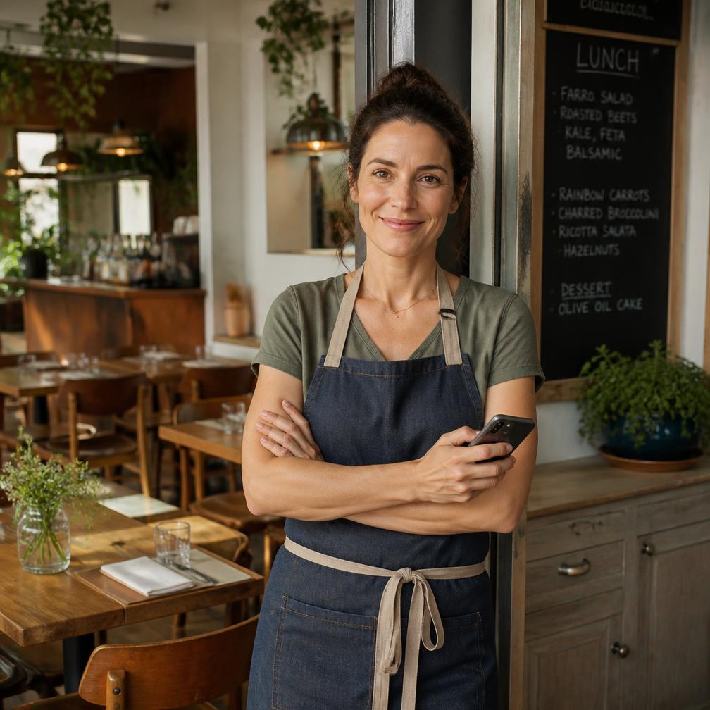 Restauratrice dans son établissement, smartphone à la main